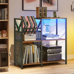 3 Tier LED Record Player Stand Cabinet w/Power Outlet Album Turntable Stand - Picture 1 of 6