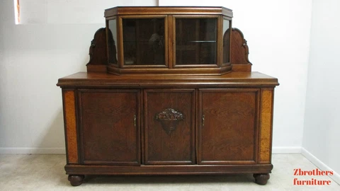 Antique Oak French Sideboard Hutch Cabinet Breakfront European Burl Wood Cover