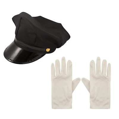 Adults Chauffeur Fancy dress Costume Set Black Hat White Gloves Limousine Driver - Image 1 of 3