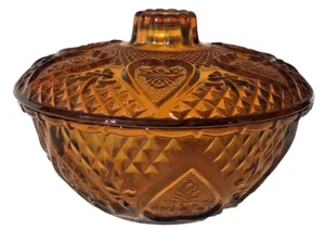Vintage Amber Trinket Dish Lidded Covered Candy Art Glass Fleur De Lis  5" - Picture 1 of 7