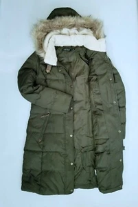 LAUREN RALPH LAUREN WOMENS QUILTED DOWN OLIVE LONG HOODIE FAUX FUR JACKET: XS - Picture 1 of 8
