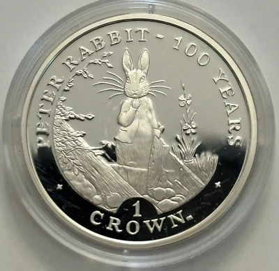 Moneda de prueba Peter Rabbit de plata .925 Gibraltar 2002 de 1 oz con caja y certificado de autenticidad Foto 1 de 4