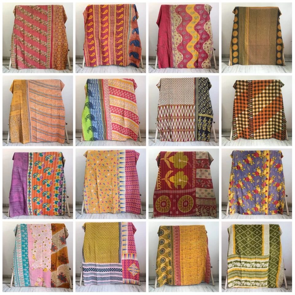 Indian Reversible Throw Blanket Vintage Kantha Quilt Handmade Bohemian Bedding - Image 1 of 1
