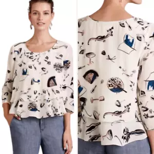 Camicia da donna Anthropologie Maeve in seta taglia 4 On The Town stampa grafica Parigi - Foto 1 di 11
