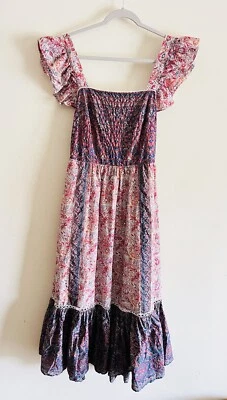 高级嬉皮长裙波西米亚飘动袖棉质荷叶边下摆花卉尺寸 12 — 第 1/4 张图片