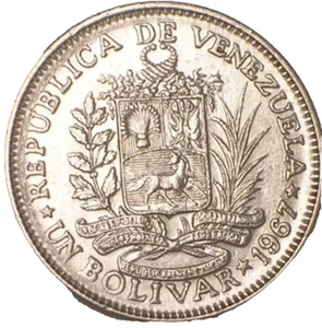 1967 VENEZUELA - 1 Bolivar Coin 🤩NM UNCIRCULATED 😍 Simon Bolivar & Coat / Arms - Picture 1 of 2