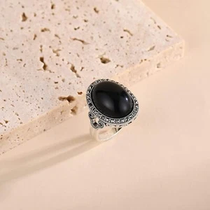 Retro Vintage Ring Black Marcasite Crystal Antique Silver Big Black Onyx Stone - Picture 1 of 5