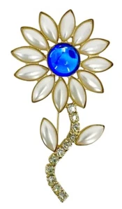 VTG COBALT BLUE JELLY RHINESTONE BROOCH PIN ATOMIC STARBURST FLOWER MCM MOD - Picture 1 of 13