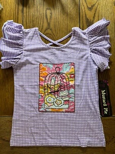 NWT Mustard Pie Applique Bird/ Birdcage Pippa Top Girls Purple Check Shirt Sz 12 - Picture 1 of 3