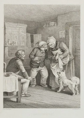 RAAB (*1825) nach RICHTER (*1803), Tuschelei am Kachelofen,  1858, Rad. - Bild 1 von 4