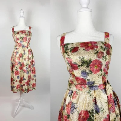 1950s 1960s Lee Claire Floral Print Jacquard Dress - Image 1 of 4