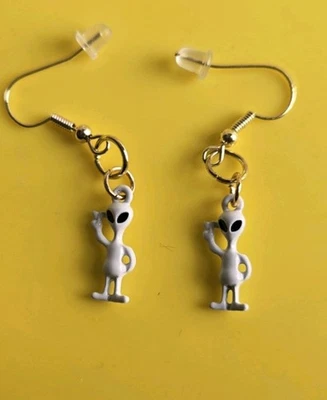 ALIEN (White) Earrings Gold Color Stainless Steel Hypoallergenic Hooks- Handmade - Image 1 of 3