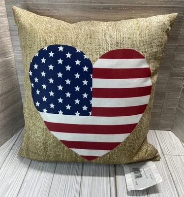 Heart-Shaped American Flag Decorative Throw Pillow Faux Burlap Patriotic 16x15 - Image 1 of 4