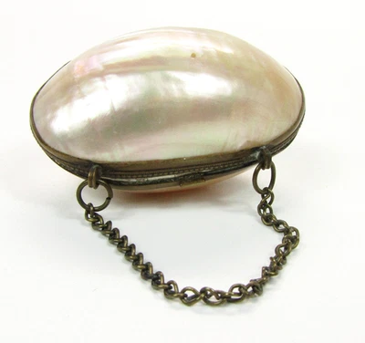 Antiguo monedero victoriano de latón concha de madreperla con cadena usado en excelente estado Foto 1 de 4