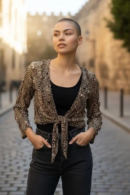 Blusa Chico’s Seda Estampado Animal Corbata Frontal XS Leopardo Manga Larga Foto 1 de 4