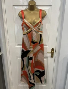 Monsoon sleeveless Maxi Silk Dress. Abstract Pattern, tie waist Orange/green 10 - Picture 1 of 6