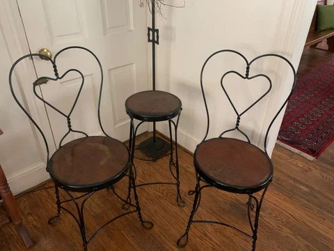 Two Antique Ice Cream Chairs with Hearts and a Stool Wrought Iron Cover