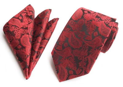 Juego de corbata cuadrada de bolsillo roja cachemira hecha a mano para boda Foto 1 de 4