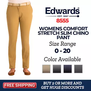 Edwards 8555 Womens Cotton Slim Chino Flat Front Modern Fit Slimmer Pant - Picture 1 of 4