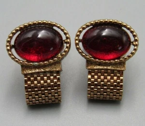 Mens Vintage Jewelry RUBY RED ART GLASS COPPER MESH WRAP AROUND CUFFLINKS U40 - Picture 1 of 4