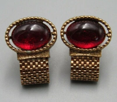 Mens Vintage Jewelry RUBY RED ART GLASS COPPER MESH WRAP AROUND CUFFLINKS U40 - Image 1 of 4