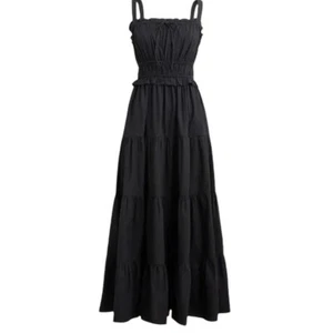J Crew Kleid WMNS L Tall schwarz gesmokt Sevilla Stufen Schleife Rüschen BK952 - Bild 1 von 14