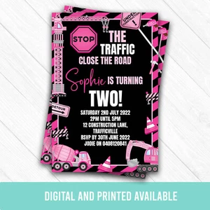 PINK Construction Invitation | PARTY PRINTABLE or PRINTED {Design 1} - Picture 1 of 2