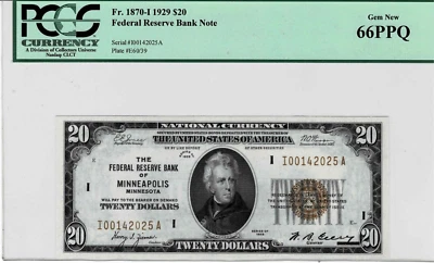 1929 $20 Federal Reserve Bank Note (Minneapolis) fr.1870-I --PCGS 66 PPQ - Image 1 of 4