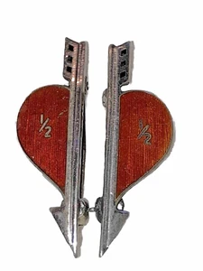 antique Art Deco 1920's lover's pin set two 1/2 fraction red enamel heart arrow - Picture 1 of 6