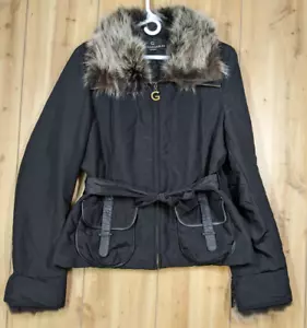Gladys Erik Garthus AS Black Real Fur Collar Jacket Sz M Belted Style Norway - Picture 1 of 10