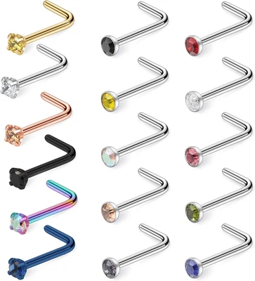 18G Surgical Steel Mix Color Diamond CZ Nose Stud Rings L Shaped Screw Bone Nost - Image 1 of 3