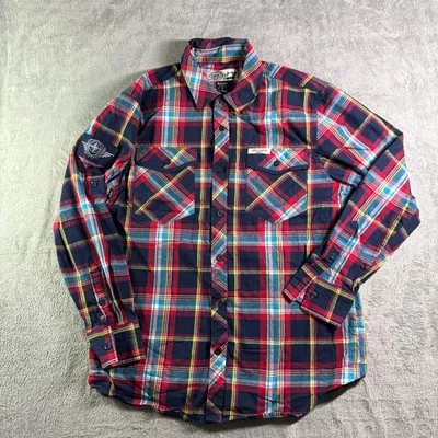 Raw Blue Flannel Shirt "Pride & Justice" Graphic Long Sleeve Plaid Mens L - Image 1 of 4