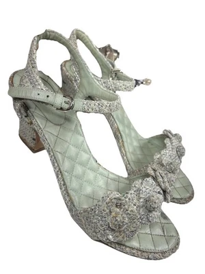 Chanel Sandalias de Tacón Alto 39.5 Camilla Tweed Correa al Tobillo Hebillas Plateadas Logo CC Foto 1 de 4