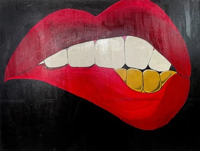 Arte de pintura acrílico XL para mujer boca labios rojos labio morder parrillas doradas dientes XL Foto 1 de 4