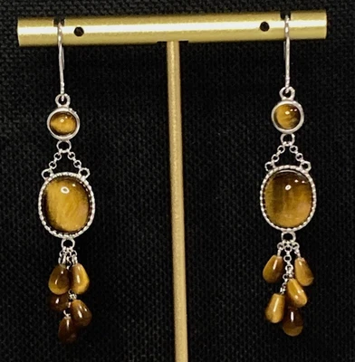 Rare Vintage New QVC Affinity Gems Tigers Eye Sterling Silver Drop Earrings - Image 1 of 3