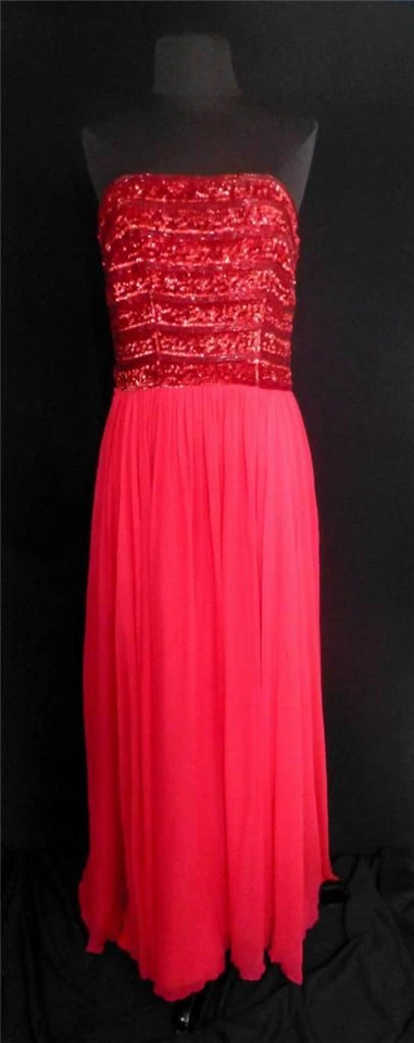 VINTAGE 1960'S RED BEADED AND SEQUIN LONG CHIFFON EVENING GOWN SIZE 8 - Image 1 of 1