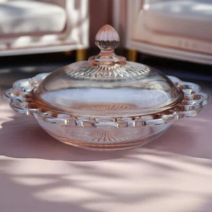 Vintage Old Colony Covered Butter Candy Dish Open Lace Pink Depression Glass - Picture 1 of 7