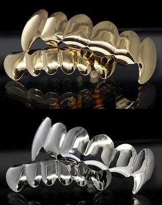 4 pc Fangs Grillz Gold & Silver Plated Set Top Bottom Teeth w/Molds Hip Hop - Image 1 of 4