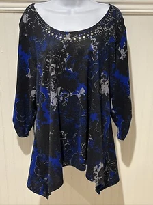 Elementz Woman 2X LS Asymmetrical Sweater Blouse Black Blue Gray Studded Neck - Picture 1 of 10
