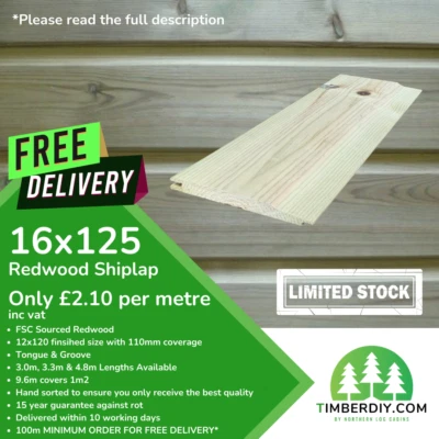 SHIPLAP TIMBER CLADDING 16x125 TREATED WOOD TONGUE & GROOVE FREE DELIVERY LOGLAP - Image 1 of 2