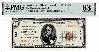 $5 1929 T2 Blackstone Canal National PROVIDENCE Rhode Island RI PMG 63 - Image 1 of 2