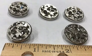 Buttons Vintage Heavy 5 Shiny Silvery Metal with Rhinestones 7/8" Coat-Jacket - Picture 1 of 9