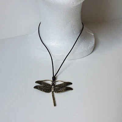 FOSSIL Black Leather Necklace With Dragonfly Pendant Gold Tone Charms Signed NWT - Image 1 of 4