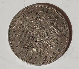 GERMAN VINTAGE SILVER 5 MARKS COIN (( 1902 COIN )) BEAUTIFUL CONDITION - Picture 1 of 2