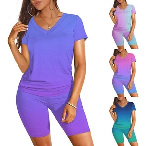 Women Gradient Print V Neck Short Sleeve Tops Biker Shorts Two Piece Outfits Set - Picture 1 of 16