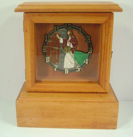 Religious Christian Mantel Desk Clock Jesus "I Stand At The Door" Enamel & Wood Cover