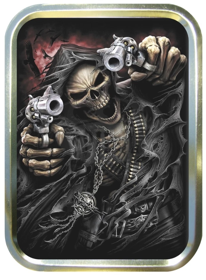 TEEZ Grim Reaper Guns 2oz Gold Tobacco Tin, Mans Storage Box, Bait Tin , Pocket tin
