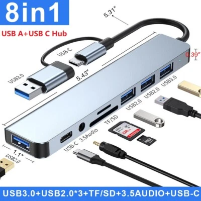 8 in 1 USB-C Hub Type C To USB 3.0 4K TF PD Adapter For iPhone Macbook Pro/Air - Image 1 of 4