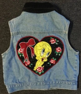 Vtg 90s Kids Looney Tunes Tweety Denim Vest 10 Cartoon Love Funny Biker Grunge - Picture 1 of 9