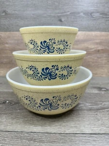 Pyrex Nesting Mixing Bowls Homestead Blue Pattern 401 402 403~set Of 3 - Picture 1 of 8